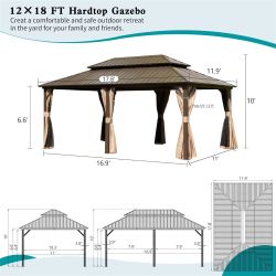 12' X 18' Hardtop Gazebo, Aluminum Metal Gazebo with Galvanized Steel Double Roof Canopy, Curtain and Netting, Permanent Gazebo Pavilion for Party, We