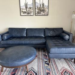 Full grain Italian leather sectional with matching round leather ottoman for sale
