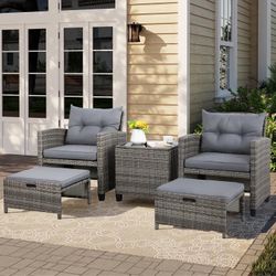 5 Piece Patio Furniture Set,Outdoor PE Wicker Patio Chair Two with Ottoman Underneath, Wicker Lounge Chair with Side Table, Gray