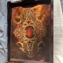 Vintage Victorian-Style Decorative Tray, Ornate Red/Gold Design, Mid-20th Century