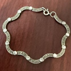 Marcasite Sterling Silver And Mother of Pearl Wavy Bracelet