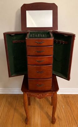 Standing Wooden Jewelry Armoire with Mirror