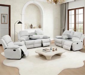 Gray chenille fully reclining three piece couch set