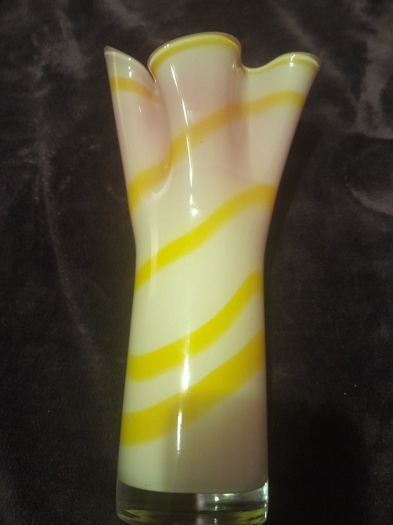 Murano Yellow And Red With White Swirl Vase