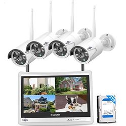 [8CHiseeu All in one with 12" LCD Monitor 3TB Hard Drive, Wireless Security Camera System, Home Business 8CH 1296P NVR Kit 4pcs 3MP 