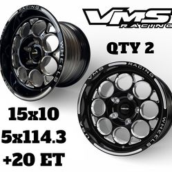 (TWO) VMS RACING MODULO 15X10 DRAG RACE TRACK RIMS WHEELS 5X114 ET20 6.29 BS