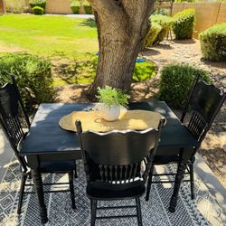 French Country Black Dining Room Table, (3) Chairs and a Bench.