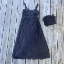 BEAUTIFUL BLACK MADE AND WORN IN 2001 DRESS WITH FLOWER STITCHING AND GEM FADE GOING UP THE DRESS WITH A SCARF WITH THE SAME BLACK STITCHING AND FLARE