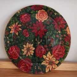 Handmade Poinsettia/Roses Glass Plate Accented W/Pine Cones & Holly 