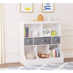 Toy Storage Organizer, 8 Cubbies Bookcase with 3 Baskets, White(GH13)