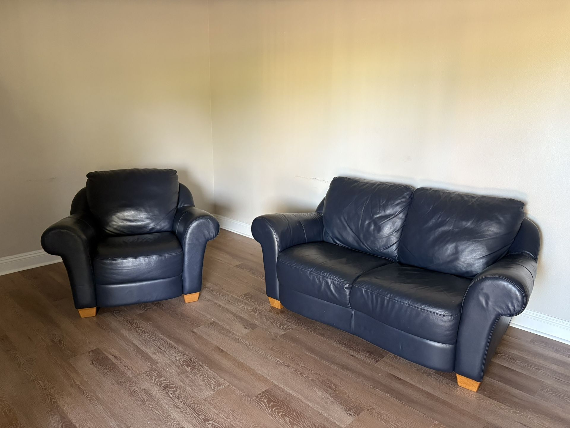 High Quality Blue Leather Sofa + Loveseat 