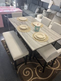 6 Pc Marble Counter Height Table Set 