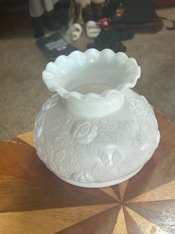 vintage white milk glass hurricane or parlor lamp shade featuring an embossed rose and leaf design , white milk glass with embossed floral roses