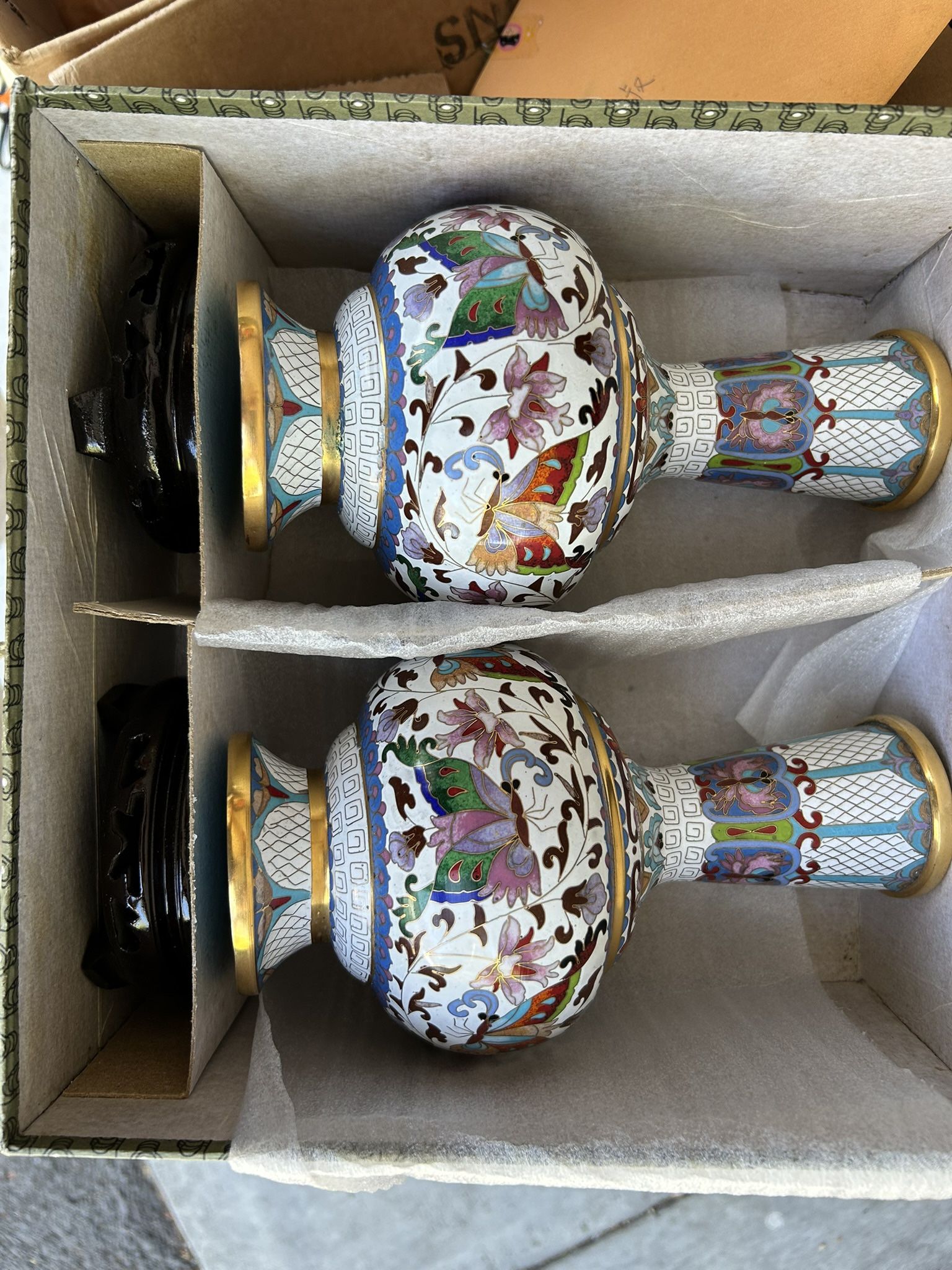 Pair Of Chinese Cloisonné Vases With Stands -New In Box
