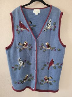 Vtg Christopher Banks Hand Embroidered Sweater Vest Birds Cottagecore 2X Blue