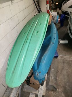 Two Kayaks Green and Blue