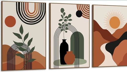 Large Boho Framed 3 Pieces Mid Century Abstract Botanical Wall Art - 24 x 36 each