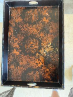 Vintage Black Folding Butler Tray Table Chinoiserie Tropical Elephants Bamboo Legs