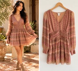 House of Harlow 1960 Pink Boho Long Sleeve Mini Dress Medium
