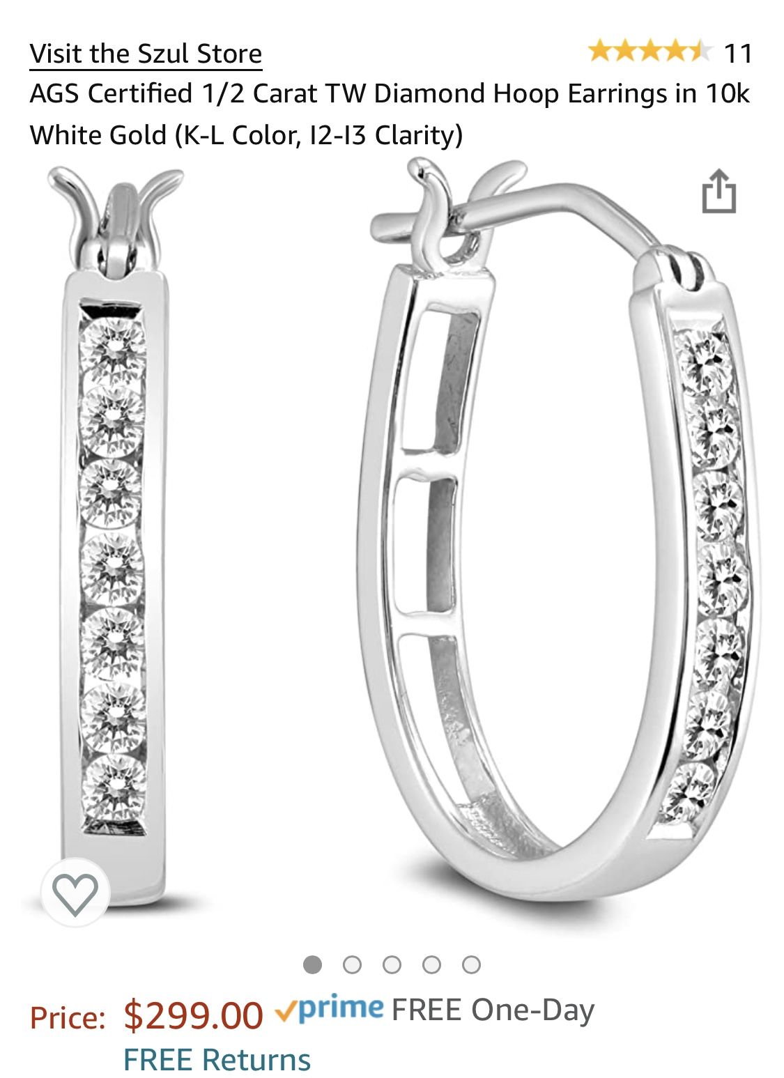 AGS Certified 1/2 Carat TW Diamond Hoop Earrings in 10k White Gold (K-L Color, I2-I3 Clarity)