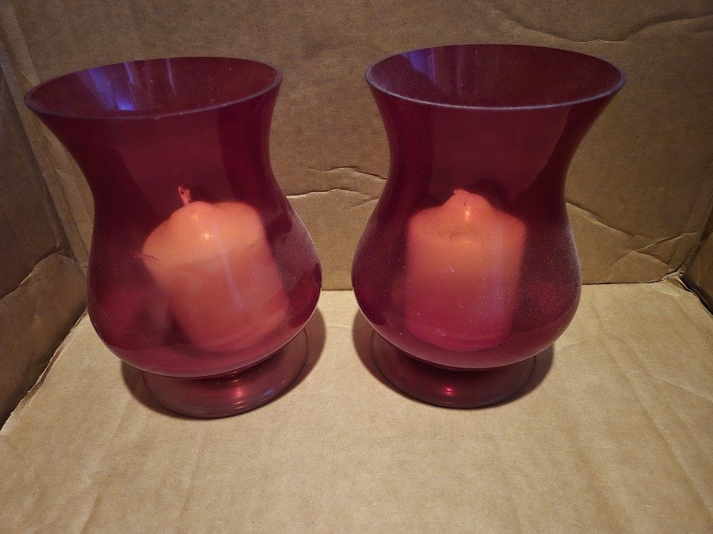 2 Red Glass Hurricane Candle Holders