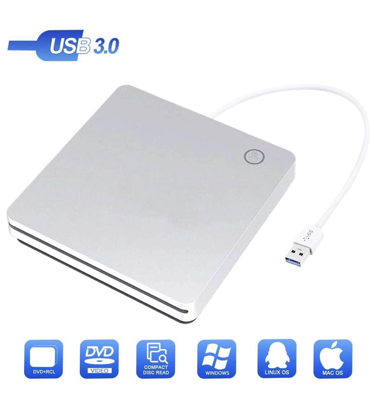 USB 3.0 External DVD CD Drive Writer/Rewriter/USB CD Burner for MacBook Pro Laptop/Desktops/Win 7/8.1/10 (Silver)