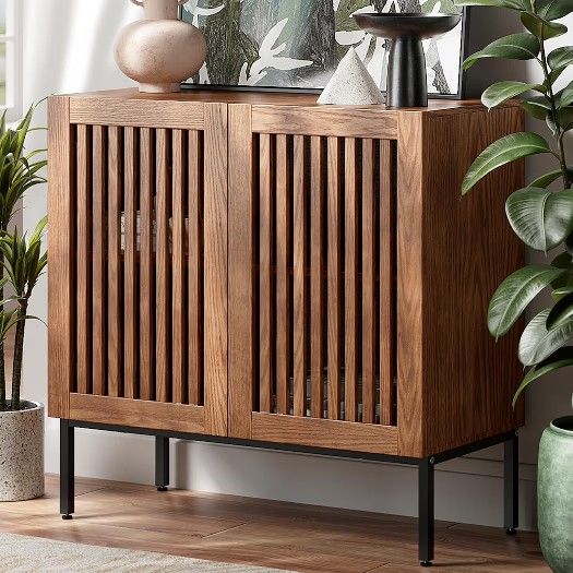 Storage Cabinet, Rustic Modern Coffee Bar with Adjustable Shelf and Metal Base, Multi-Functional Farmhouse Sideboard for Kitchen, Living Room and Offi