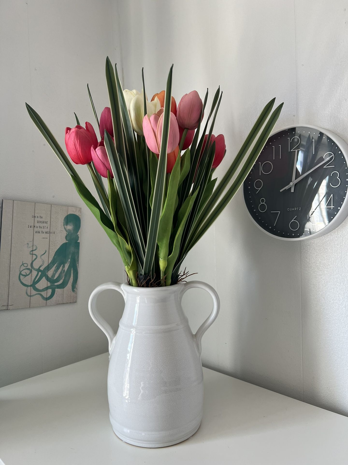 Faux 23 Tulip Arrangement In White Vase Artificial Flowers Home Decoration