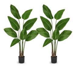 Hollyone 2pcs Large Bird of Paradise Artificial Plant in Pot 4FT Tall Fake Bird of Paradise Plant Faux Tropical Palm Tree Faux Plantain Banana Leaf fo