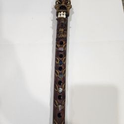 Hand-Carved Wooden Flute, Tiki Totem Pole Style, w/ Real Teeth & Stone Inlays | Folk Art