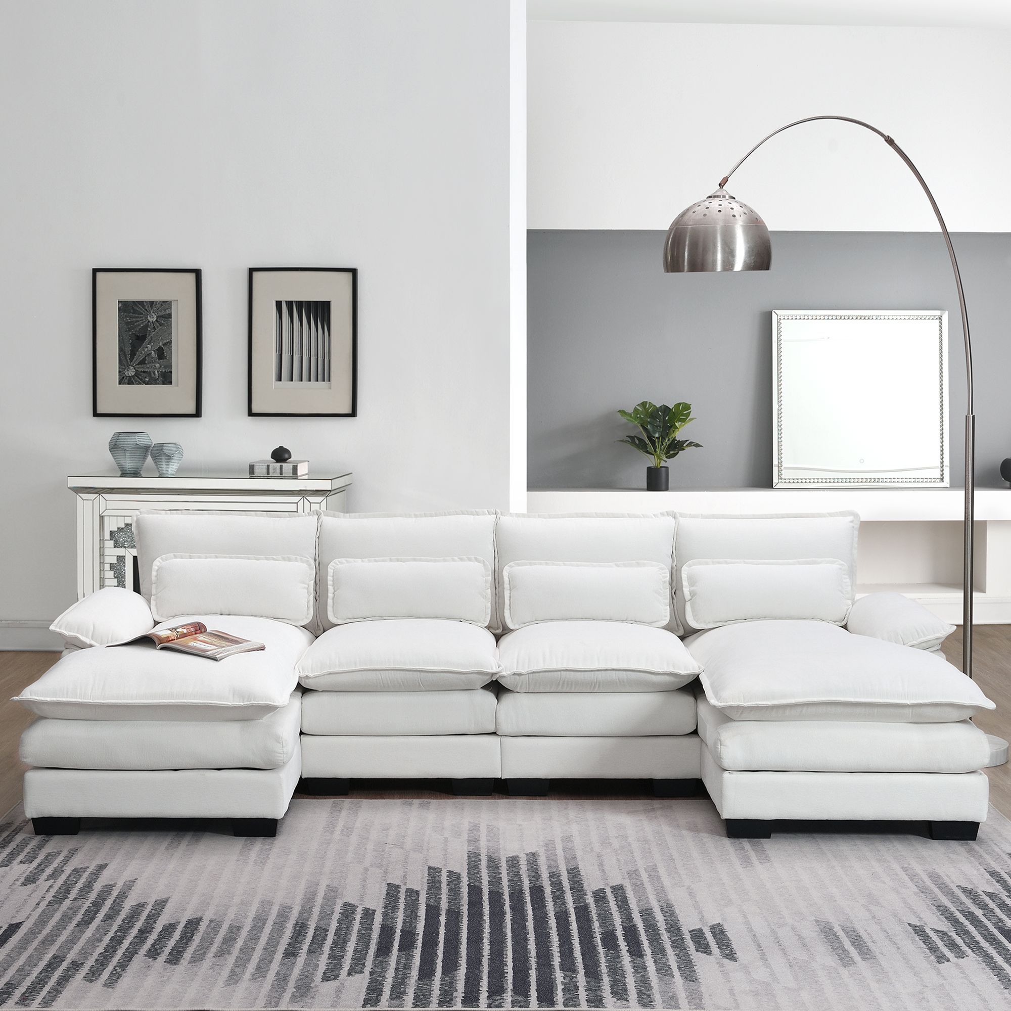110*55 Modern U shaped Sectional Sofa with Waist Pillows6 seat Upholstered Symmetrical Sofa FurnitureSleeper Sofa Couch with Chaise Lounge for Livin