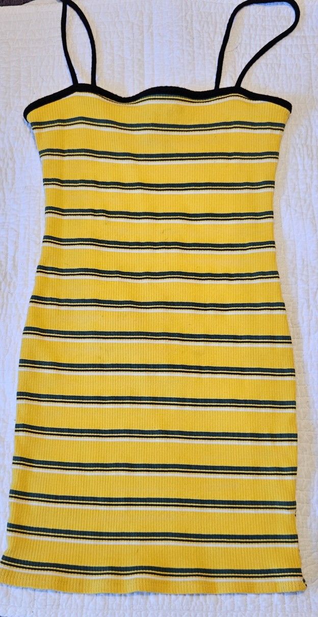 FOREVER 21  Stretch Bodycon Halter Mini Dress Yellow w/ Teal/White Stripes Sz. S