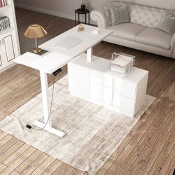 54.3 in. W L-Shaped White Adjustable Height Desk Ergonomic Workstation Home Office with Pop-Up Design Cabinet Drawers