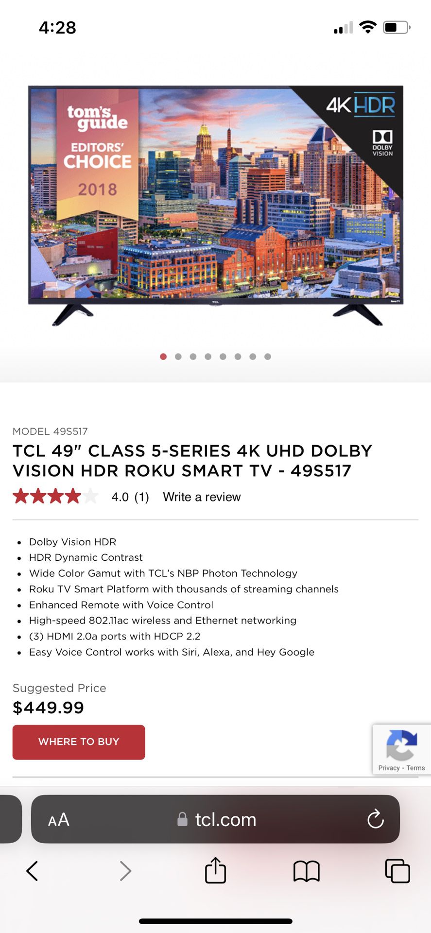 2018 TCL 49" CLASS 5-SERIES 4K UHD DOLBY VISION HDR ROKU SMART TV - 49S517