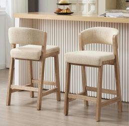 Wooden Counter Height Stools Set of 2, Mid Century Kitchen Bar Stools with Back & Solid Wood Legs, Farmhouse Upholstered Barstools for Kitchen Island,