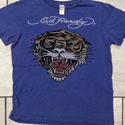 Ed Hardy Shirt Tiger Print Short Sleeve Tee Women Large Y2K Purple Vintage