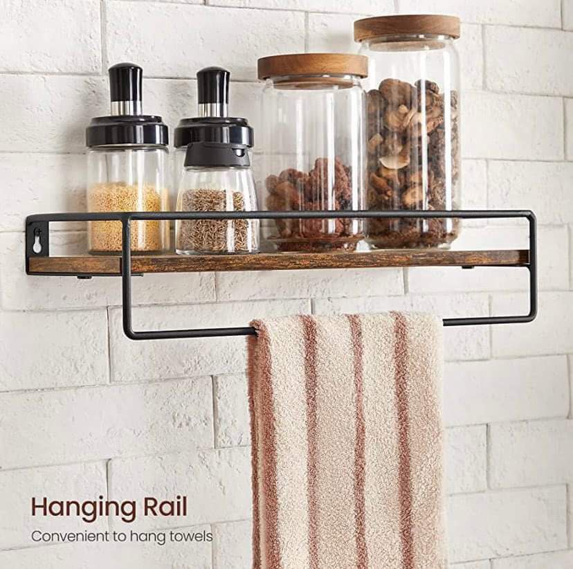 Floating Shelves, Set of 2, Wall Shelves with Towel Rack, Wood Shelves for Wall, for Bedroom, Kitchen, Living Room, Rustic Brown and Black