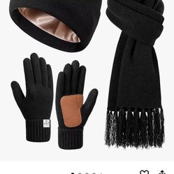Womens Satin Lined Beanie Scarf Gloves Set, Silk Lined Winter Hats Knit Scarf Gloves, Gift Set Stocking Stuffers for Women