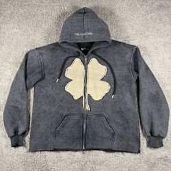 Filthy Wealth Black Acid Wash Stitched Tan Clover Full Zip Oversized Hoodie Size Medium