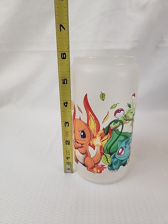 Frosted Pokemon Glass Cup Raised Images Pikachu Bulbasaur Charmander Squirtle