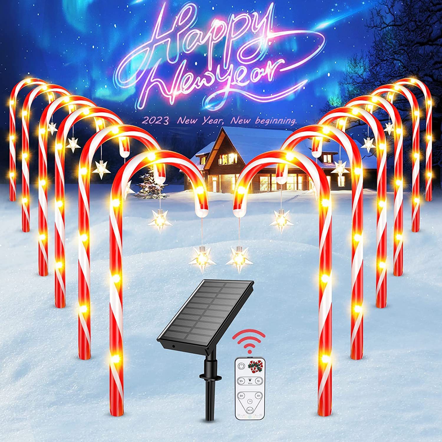 Outdoor Christmas Decorations, 12 Pack Solar Christmas Candy Cane Lights with Wireless Remote Control & Bigger Solar Panel, 9 Modes Bright All Night S