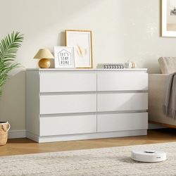 6 Drawer White Bedroom Dresser, 48 Inch Modern Wooden Storage Cabinet for Living Room, Bedroom, Kitchen.