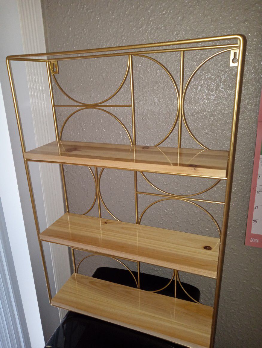 3 Tier Shelf Shelves Golden Iron Wood Sleek Decorative Wall Mount