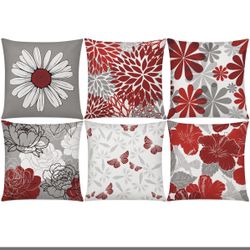COMMINY Red Grey Pillow Covers 18x18 Set Of 6 Decorative Burgundy Daisy Throw Pillow Cover For Couch Modern Farmhouse Cushion Pillow Case For Living R
