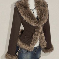 ✨OUTFIT✨ Brown faux fur trim jacket & Mini Short Denim Tie-up Skirt