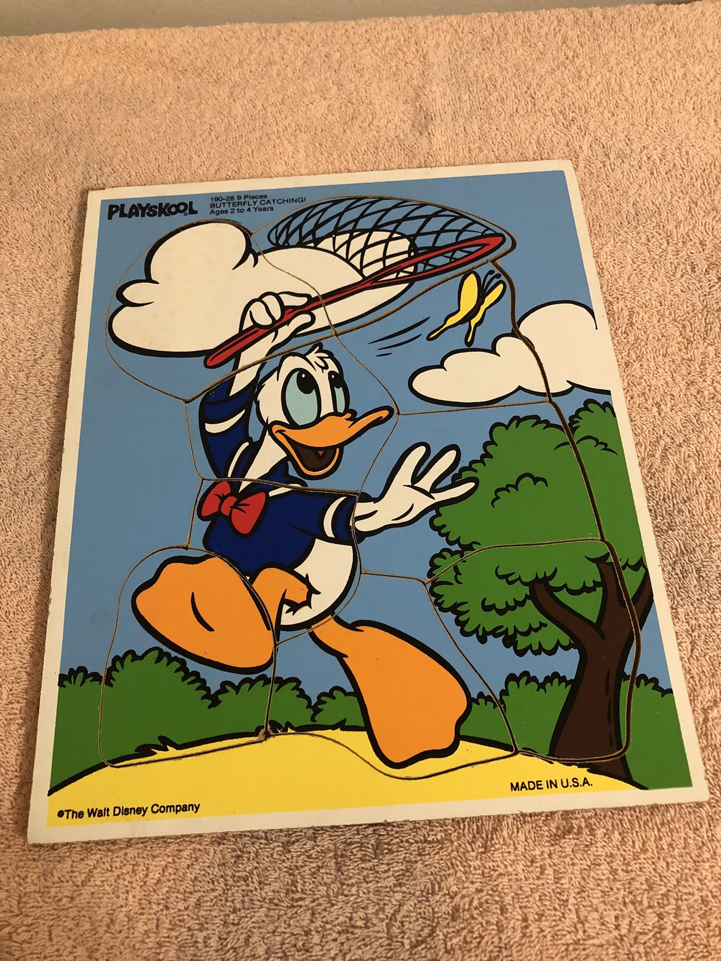 Vintage Playskool Donald Duck Butterfly Catching #190-28 Wood Puzzle 9 Pieces