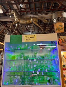Tons Of Uranium Glass, Precious Moments, Fairy Lamps, Beer Steins & A Giant Brass Rocking Horse!