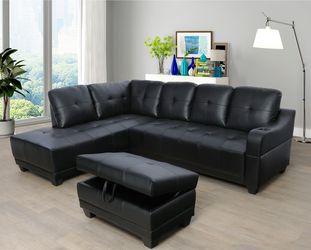 Brand New Black Leather Sectional Set With Built In Cup Holder & Storage Ottoman