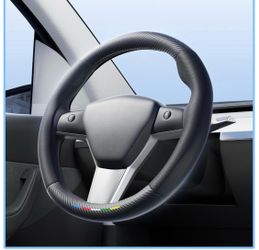 20-24 Model Y / 17-23 Model 3 Accessory Steering Wheel Cover, Round For Tesla Model Y 20-24 & Model 3 17-23 Premium Nappa Leather with Carbon Fiber Le