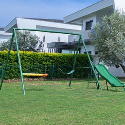 Metal Swing Set - Outdoor Heavy-Duty Metal Playset for Kids with Slide 2 Swings